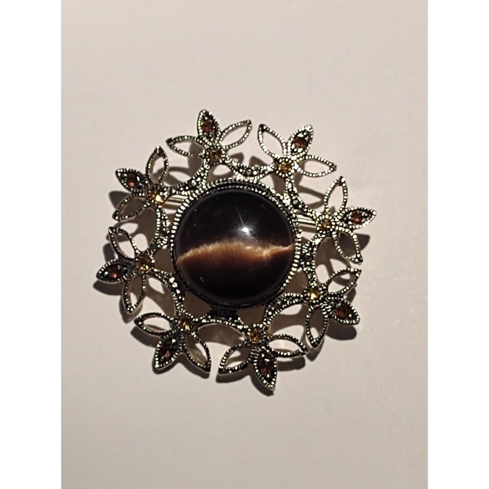Vintage Tiger's Eye Floral Brooch Silver Tone Openwork Statement Pin